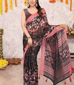 Black floral print zari work chiffon saree with unstiched blouse piece