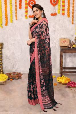 Black floral print zari work chiffon saree with unstiched blouse piece 3