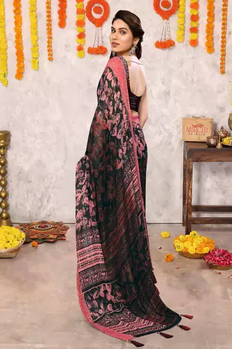 Black floral print zari work chiffon saree with unstiched blouse piece