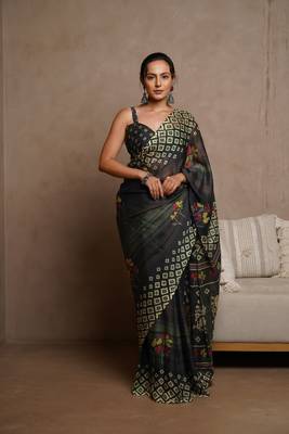 Turquoise blue floral print zari work chiffon saree with unstiched blouse piece 1