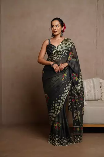 Turquoise blue floral print zari work chiffon saree with unstiched blouse piece