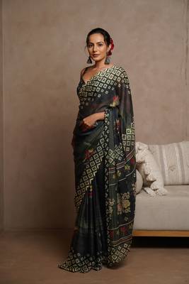 Turquoise blue floral print zari work chiffon saree with unstiched blouse piece 3