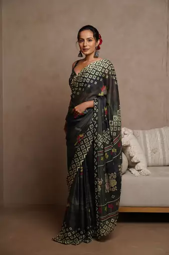 Turquoise blue floral print zari work chiffon saree with unstiched blouse piece