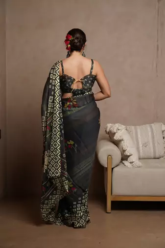 Turquoise blue floral print zari work chiffon saree with unstiched blouse piece