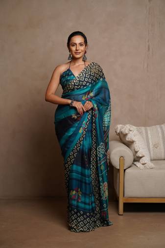 Turquoise blue floral print zari work chiffon saree with unstiched blouse piece