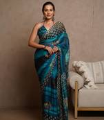 Turquoise blue floral print zari work chiffon saree with unstiched blouse piece