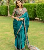 Dark turquoise solid block print chiffon saree with unstiched blouse piece
