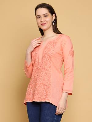 Hand embroidered peach cotton lucknowi chikankari straight kurti 4