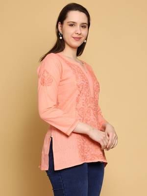 Hand embroidered peach cotton lucknowi chikankari straight kurti 5