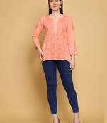 Hand embroidered peach cotton lucknowi chikankari straight kurti