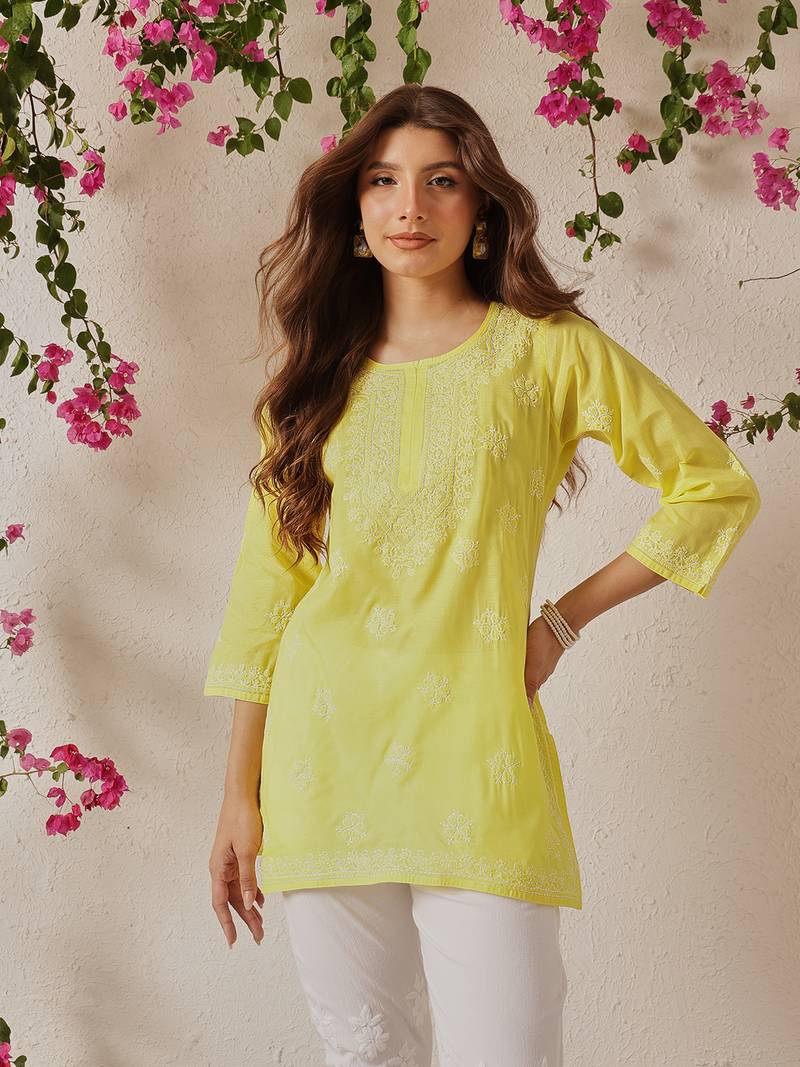 Hand embroidered yellow cotton lucknowi chikankari short kurti