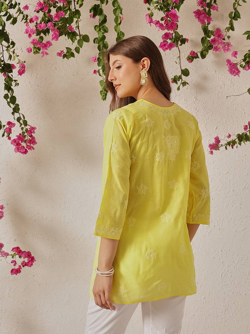 Hand embroidered yellow cotton lucknowi chikankari short kurti