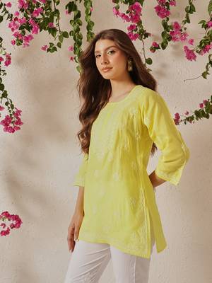 Hand embroidered yellow cotton lucknowi chikankari short kurti 4