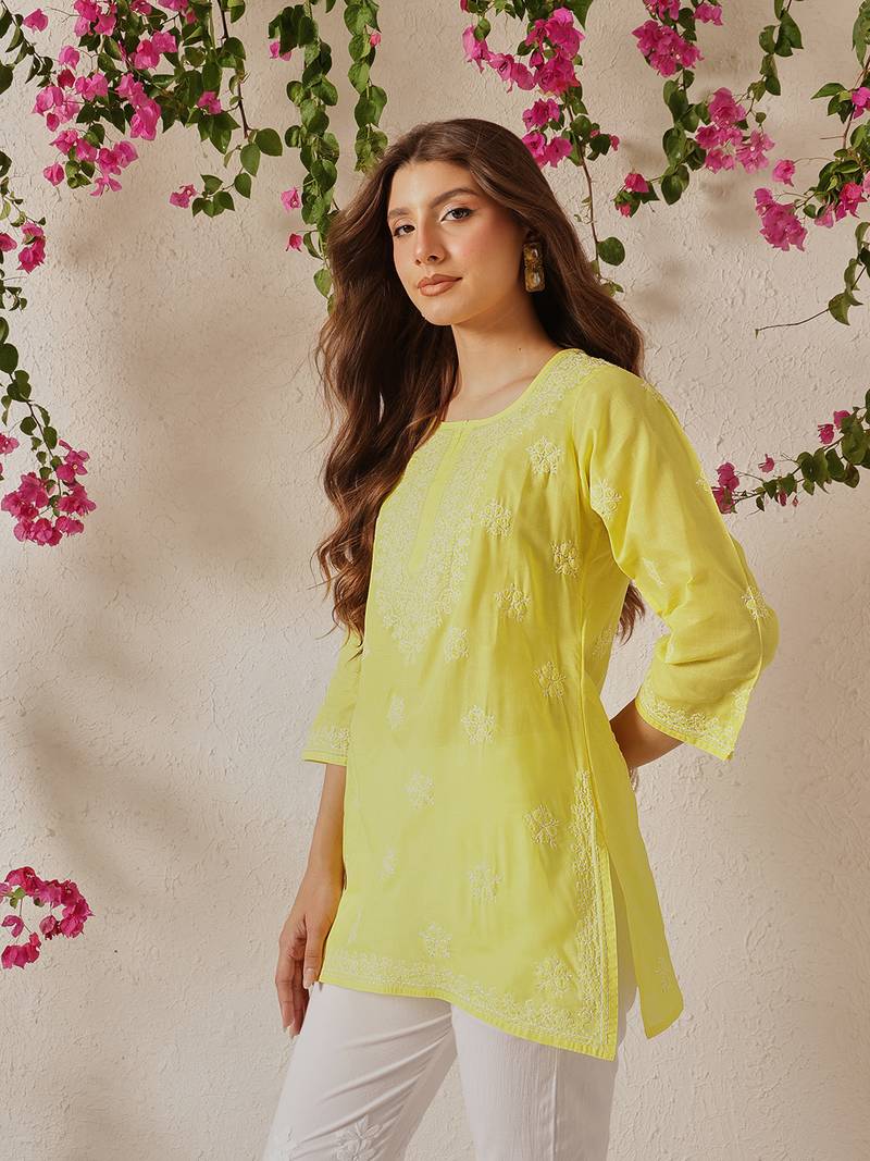 Hand embroidered yellow cotton lucknowi chikankari short kurti