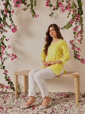 Hand embroidered yellow cotton lucknowi chikankari short kurti 1