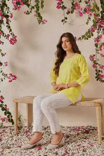 Hand embroidered yellow cotton lucknowi chikankari short kurti