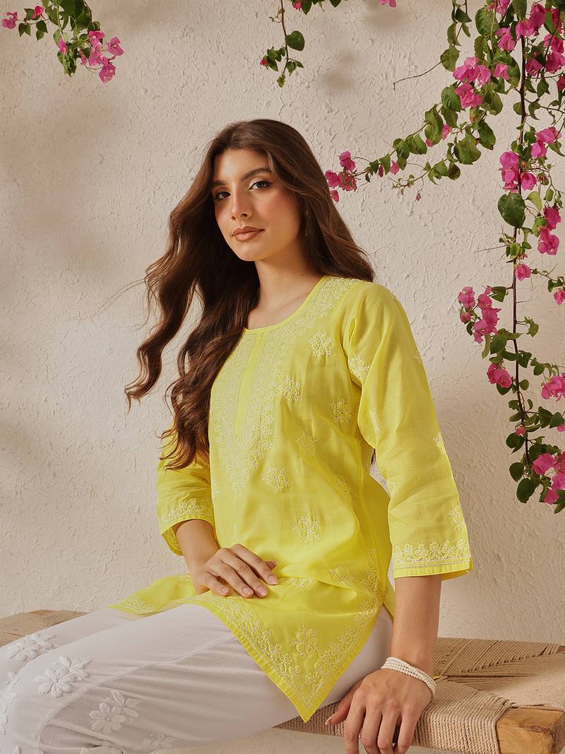 Hand embroidered yellow cotton lucknowi chikankari short kurti