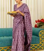 Dusty lavender ikkat print silk blend saree with unstiched blouse piece
