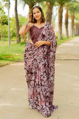 Wine floral print chiffon saree with unstiched blouse piece 1