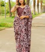 Wine floral print chiffon saree with unstiched blouse piece