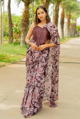 Wine floral print chiffon saree with unstiched blouse piece 2