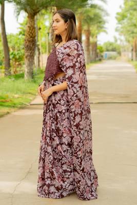 Wine floral print chiffon saree with unstiched blouse piece 3