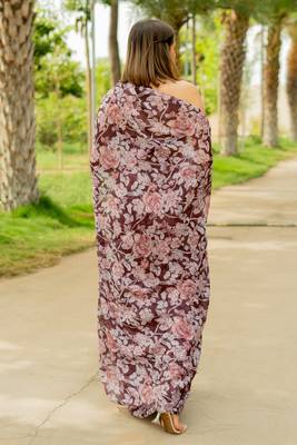 Wine floral print chiffon saree with unstiched blouse piece 4