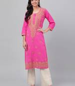 Hand embroidered pink cotton lucknowi chikankari straight kurta