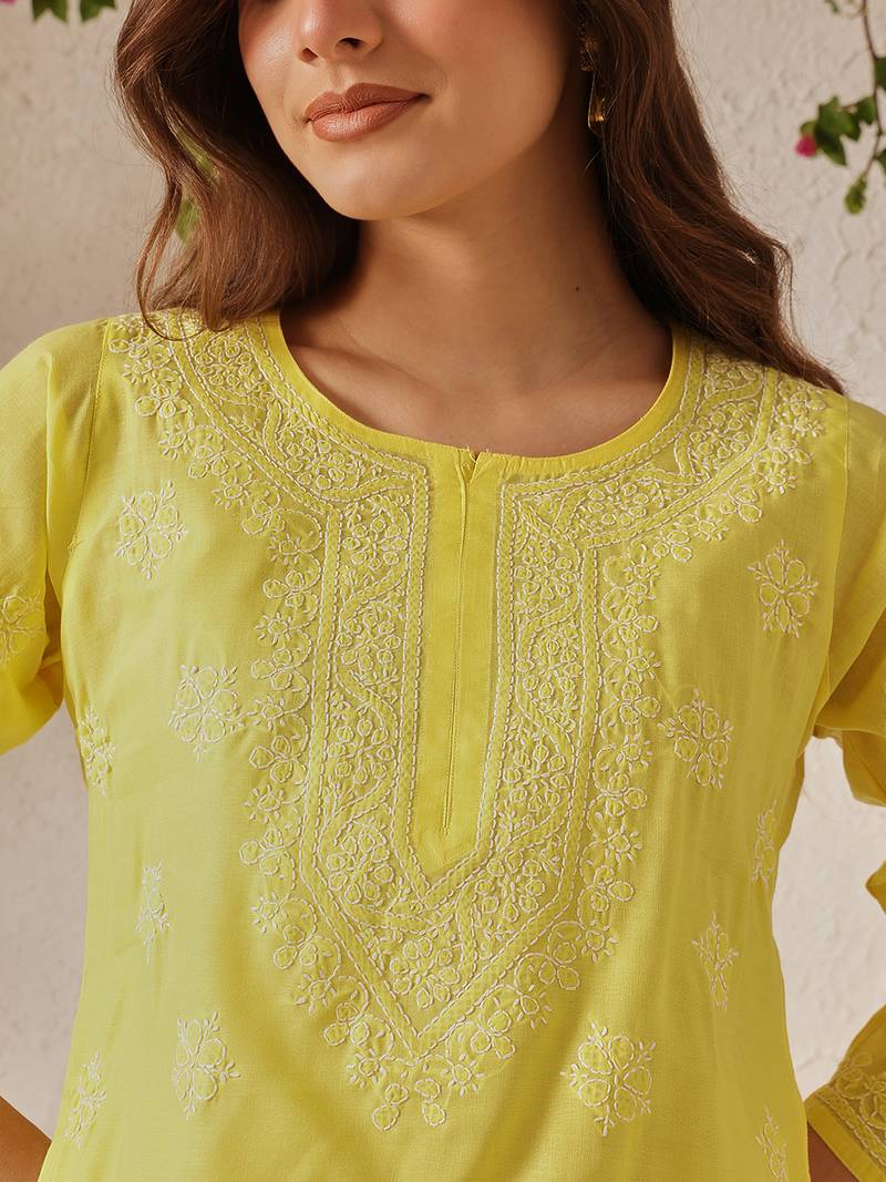 Hand embroidered yellow cotton lucknowi chikankari short kurti