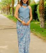 Dusty blue floral print chiffon saree with unstiched blouse piece