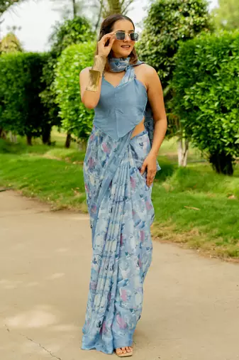 Dusty blue floral print chiffon saree with unstiched blouse piece
