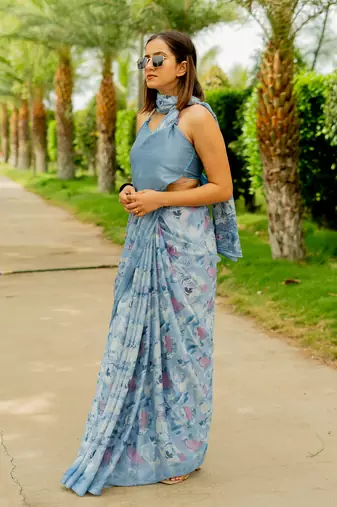 Dusty blue floral print chiffon saree with unstiched blouse piece
