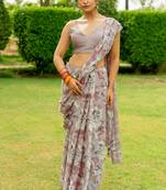 Light taupe floral print chiffon saree with unstiched blouse piece