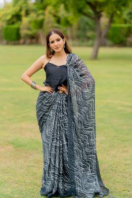Dark mustard geometric print chiffon saree with unstiched blouse piece 1