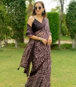 Coffee brown leheriya print chiffon saree with unstiched blouse piece