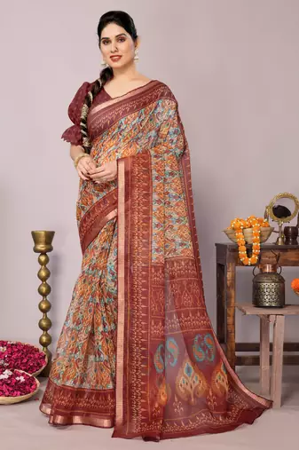 Light peach ikkat print kota doria polyester saree with unstiched blouse piece