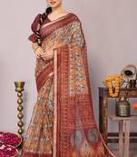 Light peach ikkat print kota doria polyester saree with unstiched blouse piece