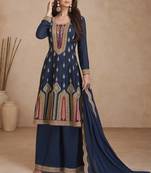 Navy blue chinon embroidered designer suit