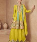 Yellow chinon embroidered designer suit