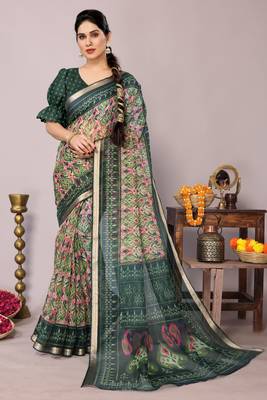 Light olive green ikkat print kota doria polyester saree with unstiched blouse piece 1
