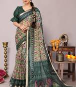 Light olive green ikkat print kota doria polyester saree with unstiched blouse piece