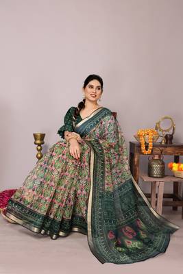 Light olive green ikkat print kota doria polyester saree with unstiched blouse piece 2
