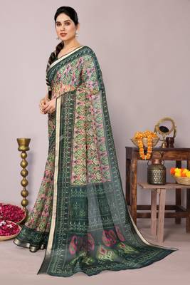 Light olive green ikkat print kota doria polyester saree with unstiched blouse piece 3