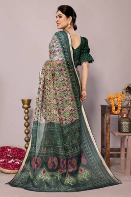 Light olive green ikkat print kota doria polyester saree with unstiched blouse piece 4