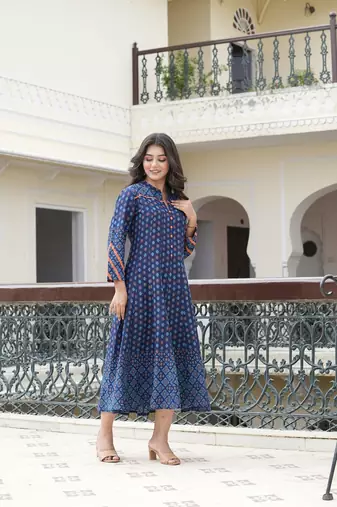 Printed rayon calf length stand collar 3/4th sleeve with lace detailing anarkali kurta