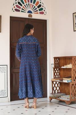 Printed rayon calf length stand collar 3/4th sleeve with lace detailing anarkali kurta 3
