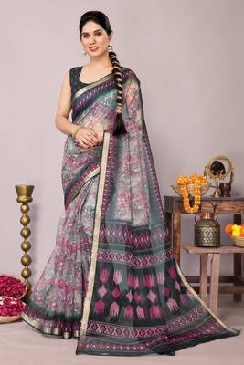 Pink floral print kota doria polyester saree with unstiched blouse piece 1