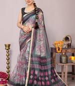 Pink floral print kota doria polyester saree with unstiched blouse piece