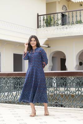 Printed rayon calf length stand collar 3/4th sleeve with lace detailing anarkali kurta 4