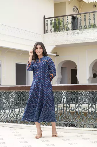Printed rayon calf length stand collar 3/4th sleeve with lace detailing anarkali kurta